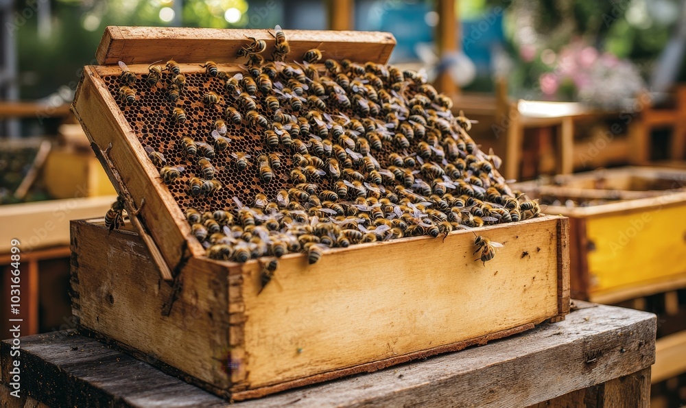Urban garden buzzing with activity as bees pollinate flowers amidst the city , the growing trend of beekeeping in urban environments, Generative AI Urban garden buzzing with activity as bees pollinate flowers amidst the city , the growing trend of beekeeping in urban environments, Generative AI