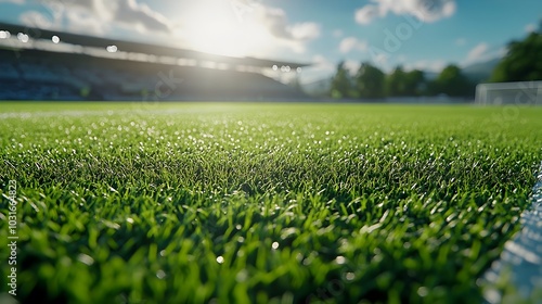 Close Up View of Lush Green Soccer Pitch or Football Ground in Stadium