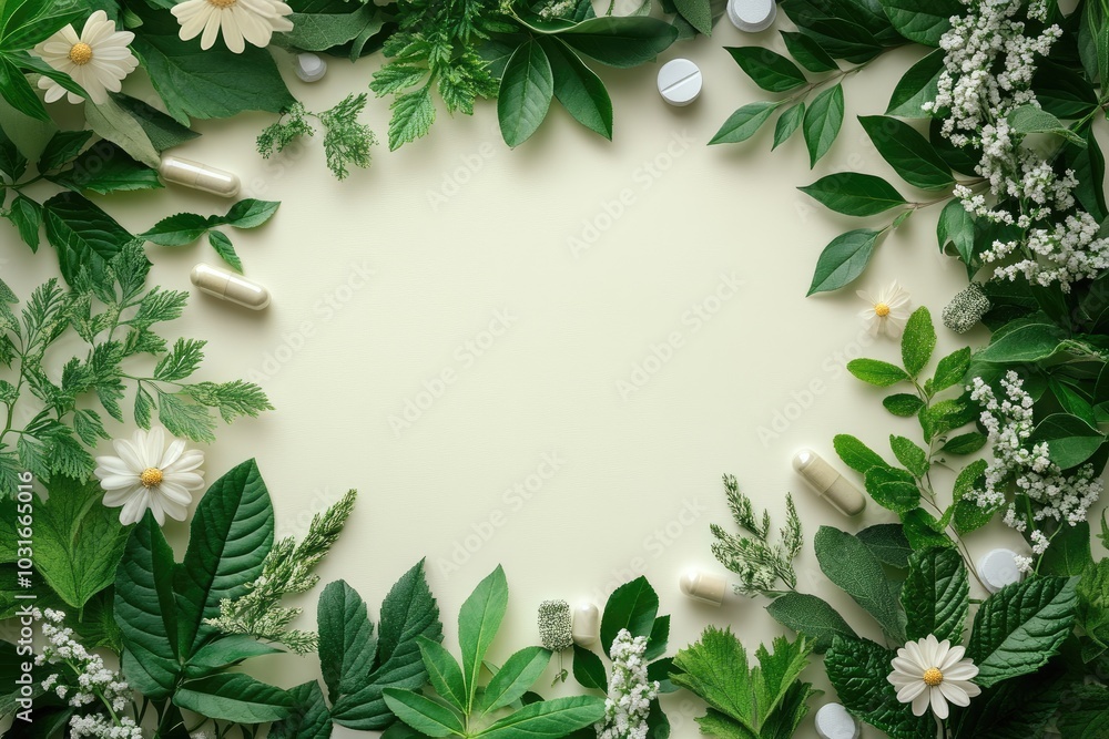 Green leaves and white pills surround a blank space. This image is ideal for showcasing natural remedies or herbal supplements. Green leaves and white pills surround a blank space. This image is ideal for showcasing natural remedies or herbal supplements.