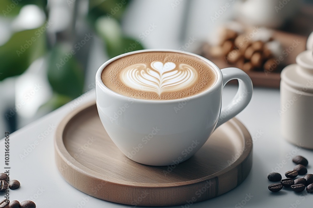 Elegant coffee cup with leaf latte art on wooden saucer Elegant coffee cup with leaf latte art on wooden saucer