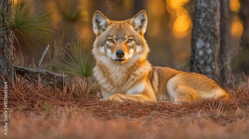 A red wolf lies in the forest with its head up, looking directly at the camera, with the sun shining through the trees behind it.