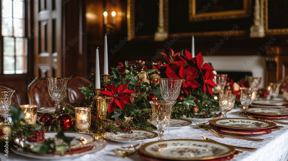 Festive Magic: An Elegant Christmas Table with Vibrant Plates, Poinsettias, and Soft Fairy Lights Festive Magic: An Elegant Christmas Table with Vibrant Plates, Poinsettias, and Soft Fairy Lights
