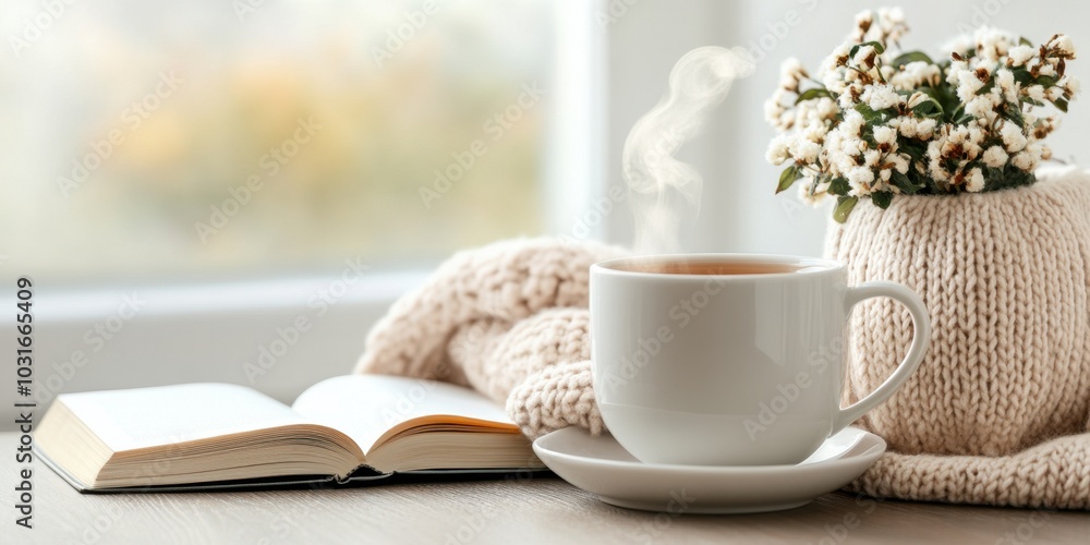 Cozy morning with a warm drink, open book, and knitted decor by the window Cozy morning with a warm drink, open book, and knitted decor by the window