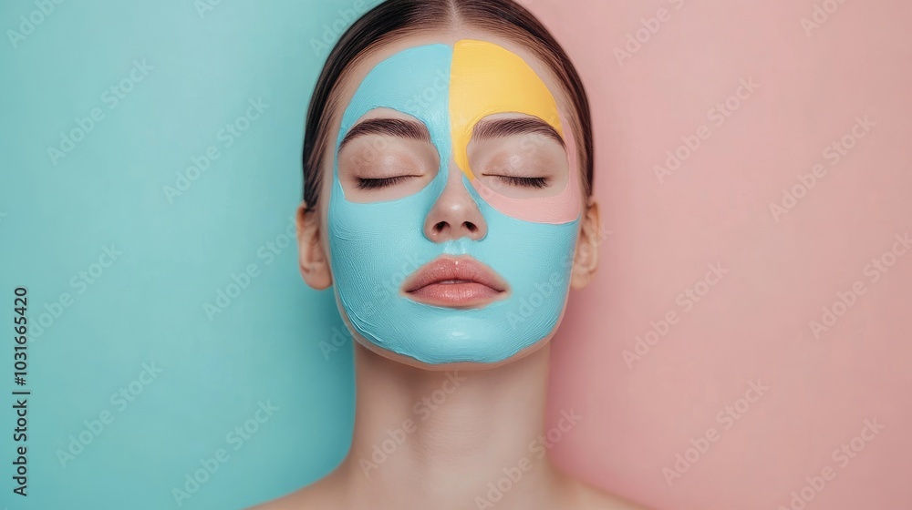 A young woman with closed eyes and a pastel blue, yellow, and pink face mask on her skin against the background A young woman with closed eyes and a pastel blue, yellow, and pink face mask on her skin against the background