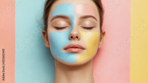 A young woman with closed eyes and a pastel blue, yellow, and pink face mask on her skin against the background