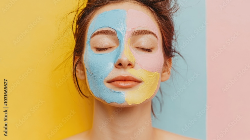 A young woman with closed eyes and a pastel blue, yellow, and pink face mask on her skin against the background A young woman with closed eyes and a pastel blue, yellow, and pink face mask on her skin against the background