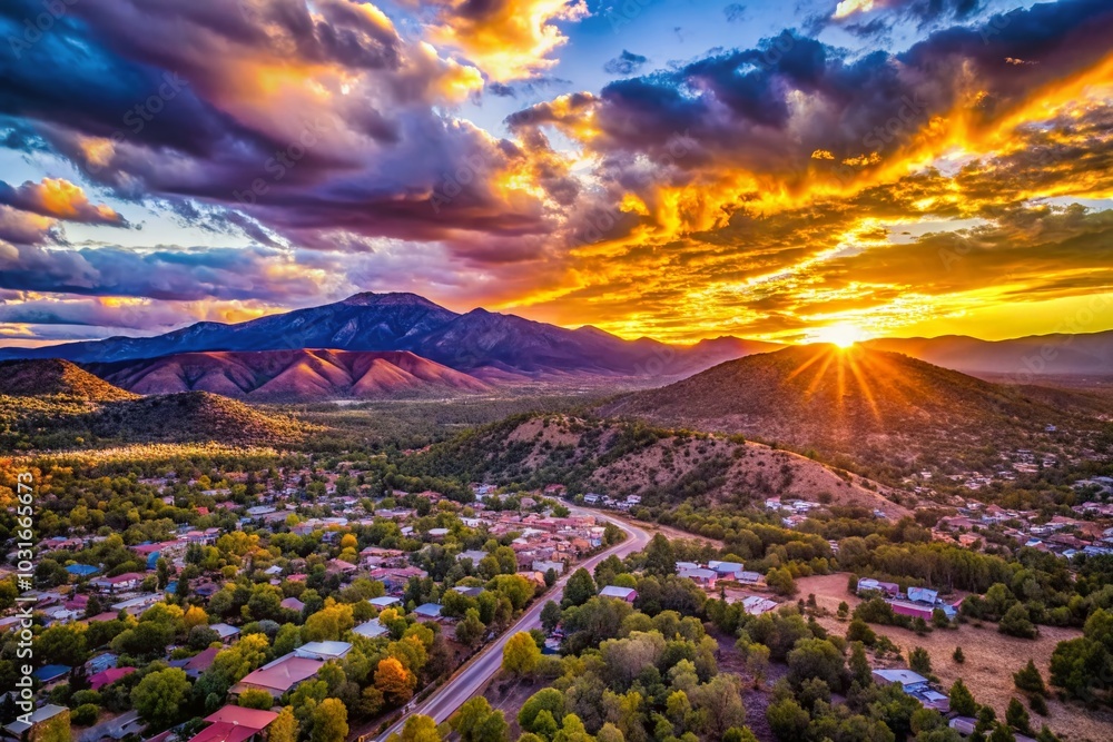 Fototapeta premium Stunning Sunset Over Santa Fe Mountains - Drone Photography Landscape