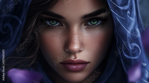  Close-up of a woman in a blue shawl, her expressive green eyes staring directly at the camera