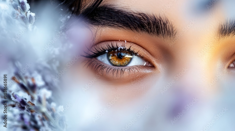 A tight shot of an eye with snowflakes rimming its exterior, a flower in its pupil A tight shot of an eye with snowflakes rimming its exterior, a flower in its pupil