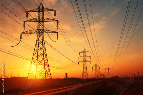 voltage power lines at sunset 