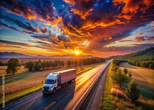 Stunning Sunset Trucker Scene with Generative AI Artistry Capturing Nature's Beauty and Serenity on the Open Road