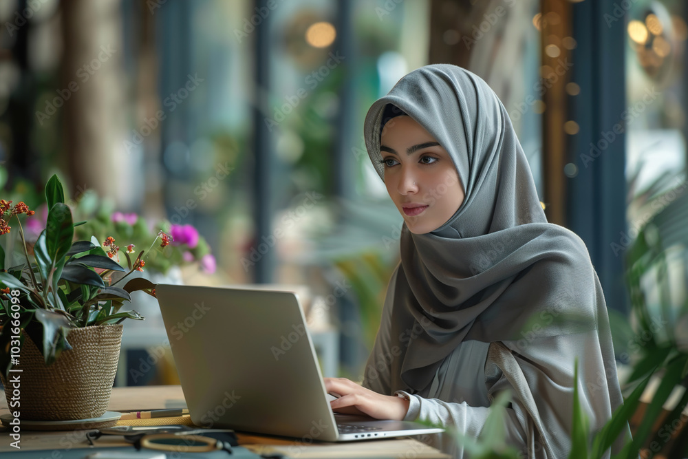Muslim woman with a laptop answering emails Muslim woman with a laptop answering emails