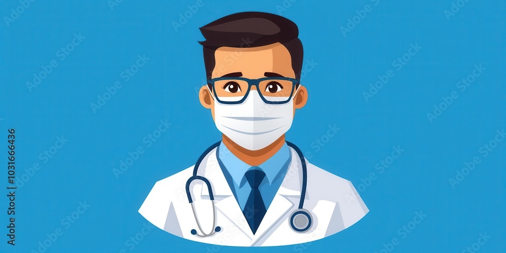 Fototapeta premium Healthcare professional in protective mask with stethoscope on blue background