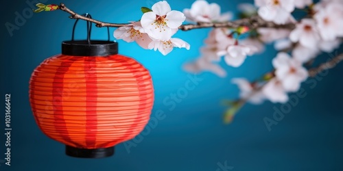 Red Paper Lantern with Cherry Blossom Branch on Blue Background Asian Decoration Spring