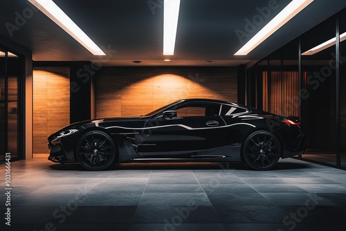 A sleek black car parked in a modern garage, with clean lines and reflections from overhead lighting.