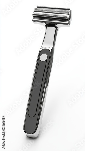 3D rendered scene of razor smoothly shaving hair off skin, sharp focus on blades and hair removal, soft skin texture isolated on white