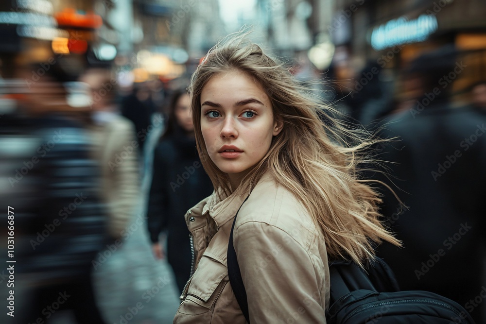 Fototapeta premium Young Woman Walking in a Busy City Street