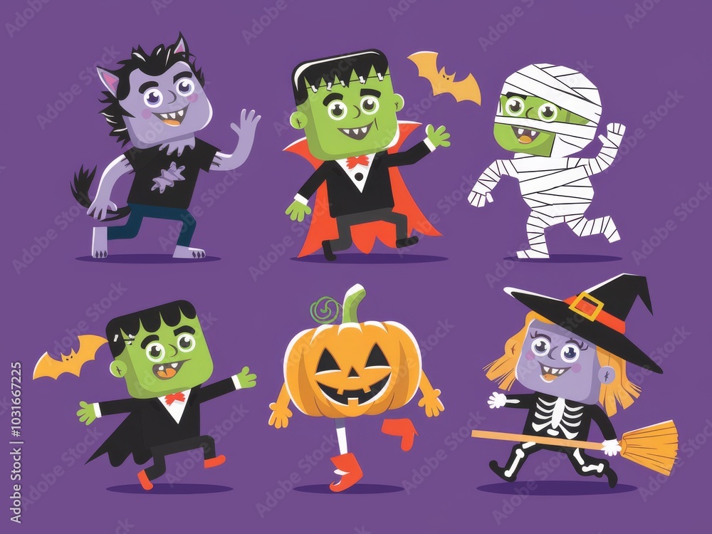 Cartoon Halloween Characters: Werewolf, Vampire, Mummy, Witch, and Pumpkin on Purple Background Cartoon Halloween Characters: Werewolf, Vampire, Mummy, Witch, and Pumpkin on Purple Background