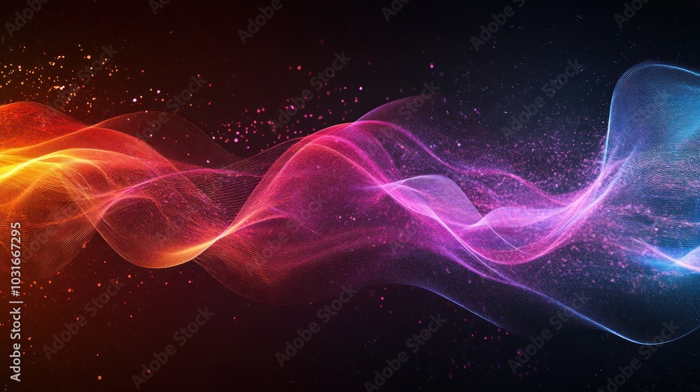 Abstract glowing red, orange, pink, and blue wave with particles on a dark background. Abstract glowing red, orange, pink, and blue wave with particles on a dark background.