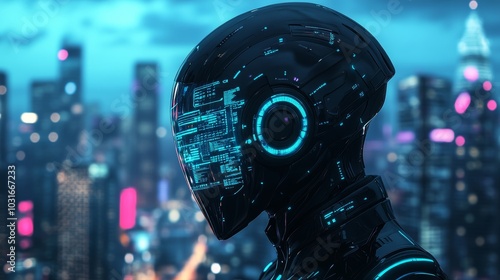 A black futuristic stock head with glowing blue lines, integrated HUD display, and a sleek technology-driven aesthetic. Set against a vibrant urban night skyline