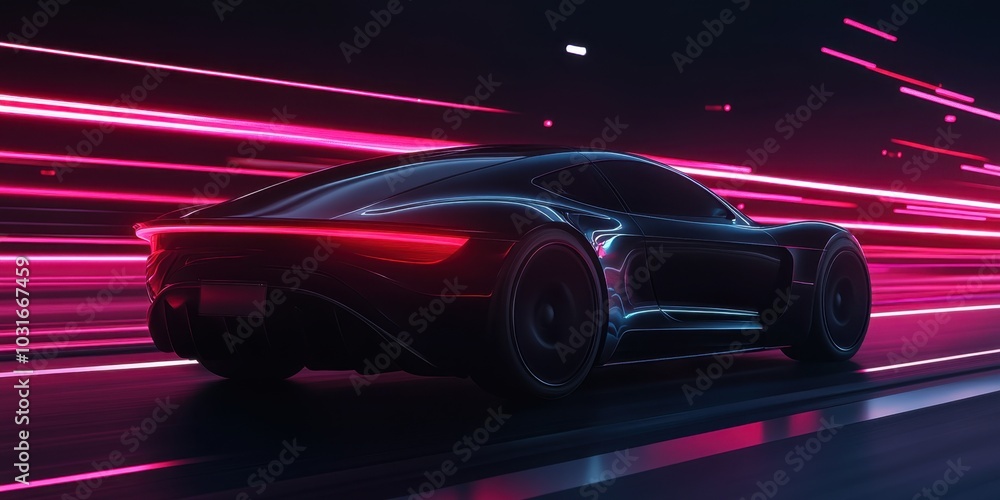 Sleek sports car racing in neon lights tunnel at night Sleek sports car racing in neon lights tunnel at night
