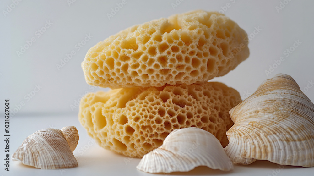 closeup of natural sea sponges and seashells on a white background with a soft focus closeup of natural sea sponges and seashells on a white background with a soft focus