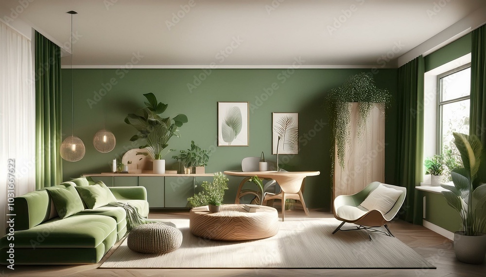 A serene living room with sage green walls, a green sofa, and natural decor accents. Soft lighting and a small plant create a calm, inviting atmosphere. A serene living room with sage green walls, a green sofa, and natural decor accents. Soft lighting and a small plant create a calm, inviting atmosphere.