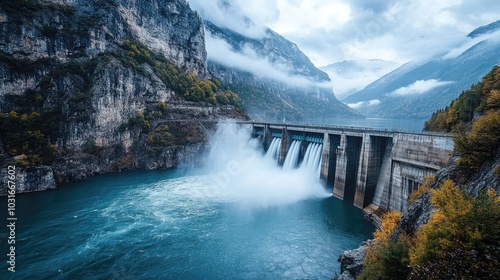 A hydroelectric dam generates power. The dam is situated in a mountainous region with a large body of water.