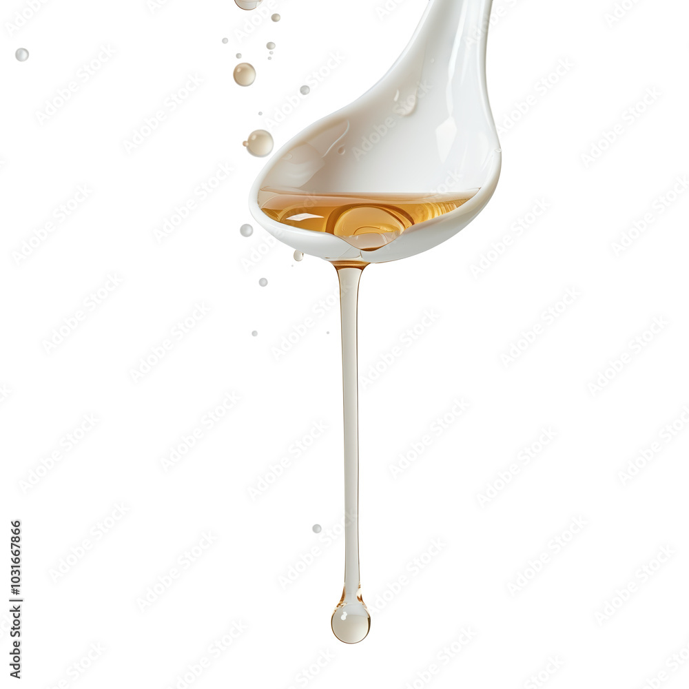 Spoonful of liquid is poured out of a container, creating a droplet that falls to the ground on transparent background cutout, PNG file. Spoonful of liquid is poured out of a container, creating a droplet that falls to the ground on transparent background cutout, PNG file.
