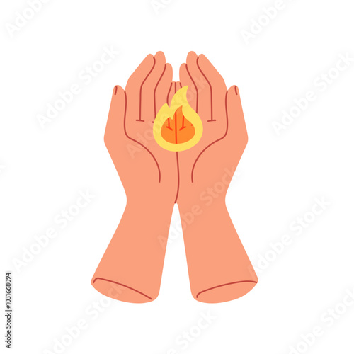 Hands holding fire, caring for burning flame. Warmth protection, heat, light energy symbol. Protecting, saving esoteric mystic power. Concept flat vector illustration isolated on white background