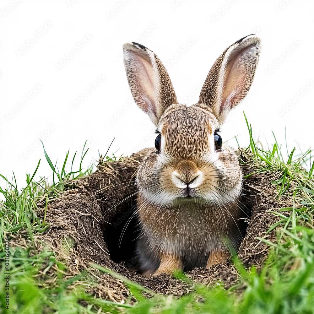 Fototapeta premium cute brown rabbit peeking out of burrow hole in grassy field