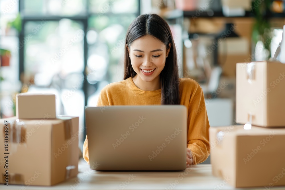 Young asian woman smiling while working on laptop surrounded by delivery boxes, representing e-commerce and online business success. small business SME independent concept. Young asian woman smiling while working on laptop surrounded by delivery boxes, representing e-commerce and online business success. small business SME independent concept.