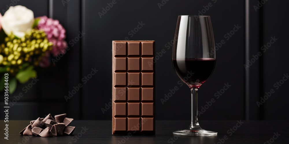 Elegant composition of red wine, chocolate bar, and floral arrangement in dark setting Elegant composition of red wine, chocolate bar, and floral arrangement in dark setting