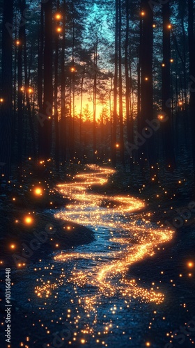 A mistyc glowing river winding through a dense forest wallpaper for mobile phone photo