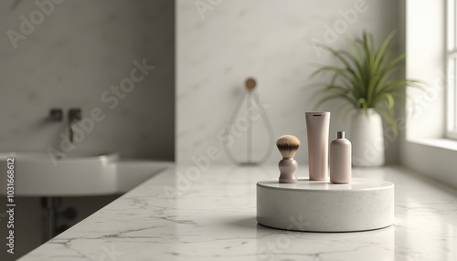 Mockup of a premium shaving kit neatly placed on a podium on a bathroom countertop background.