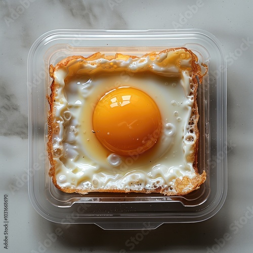 Raw egg yolk and egg white inside a lunch box. top view. photo