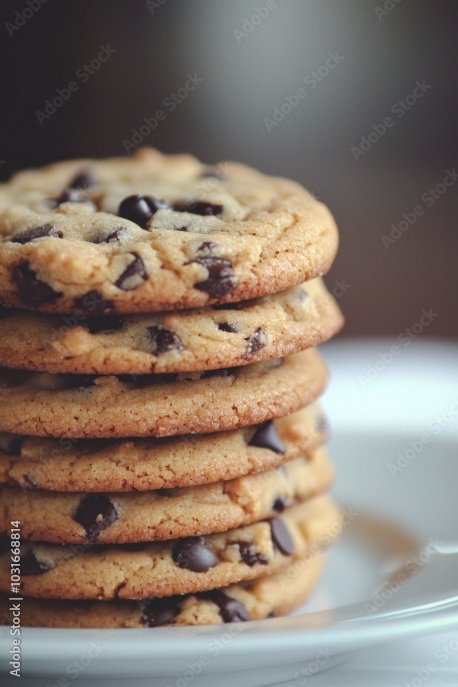 A stack of freshly baked chocolate chip cookies arranged neatly on a white plate. A stack of freshly baked chocolate chip cookies arranged neatly on a white plate.
