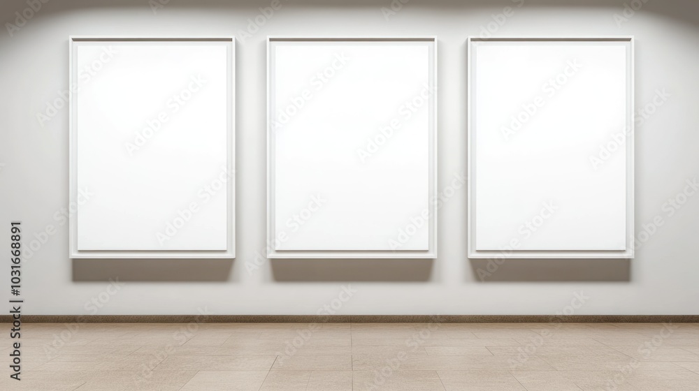 Three Blank White Frames on a Gallery Wall Three Blank White Frames on a Gallery Wall