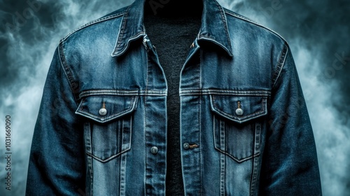  A close-up of a denim jacket on a mannequin
