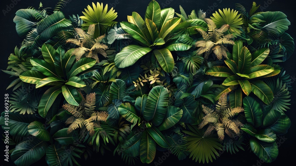 Top-down view of a banana tree with ferns and other plants. on black background. Top-down view of a banana tree with ferns and other plants. on black background.