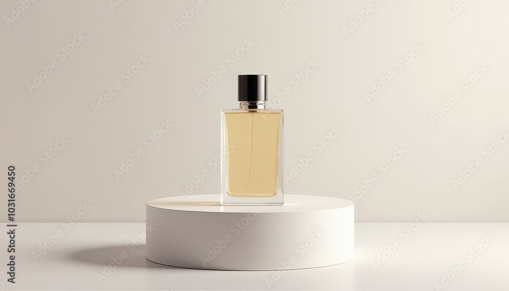 Mockup of a designer perfume bottle neatly placed on a podium on a minimalist background.