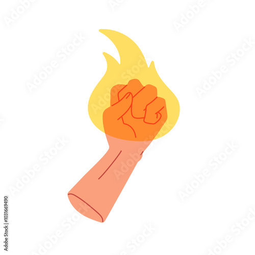 Fist in fire, power and strength symbol. Clenched sign, rebellion hand. Burning flame, protest, force and resistance. Aggressive gesture. Flat vector illustration isolated on white background