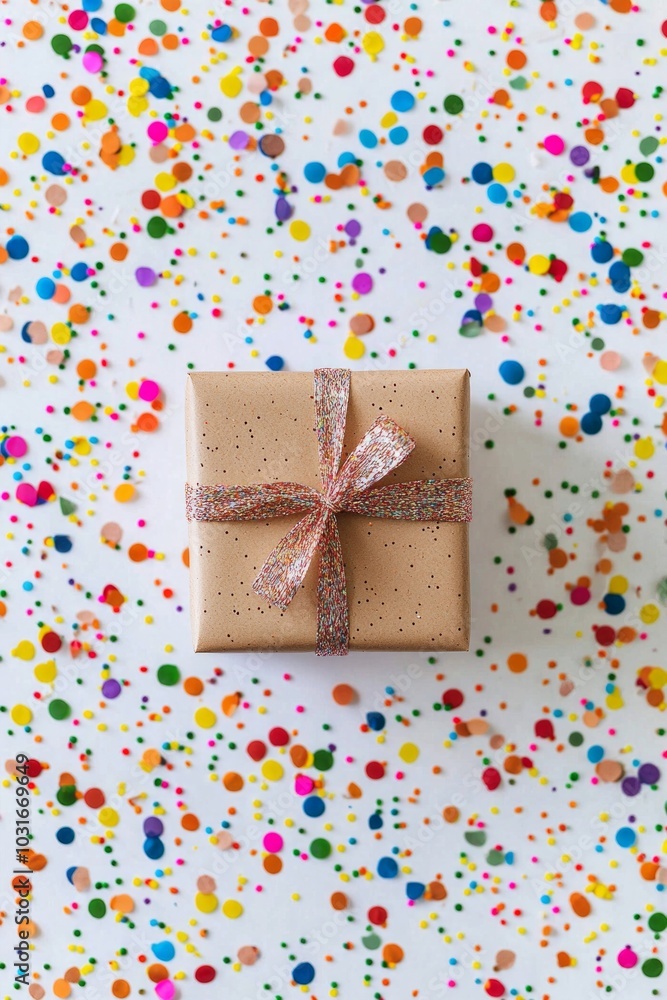 A top-down view of a neatly wrapped gift box with a bow, surrounded by colorful confetti on a white surface. A top-down view of a neatly wrapped gift box with a bow, surrounded by colorful confetti on a white surface.
