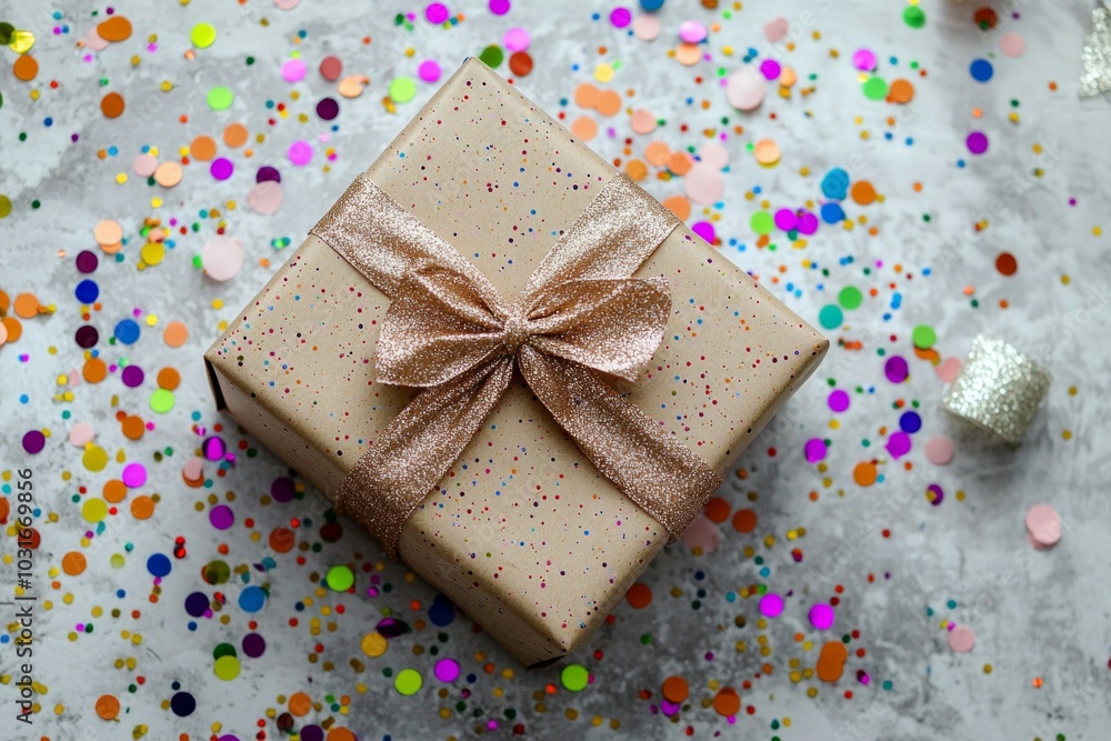 A top-down view of a neatly wrapped gift box with a bow, surrounded by colorful confetti on a white surface. A top-down view of a neatly wrapped gift box with a bow, surrounded by colorful confetti on a white surface.