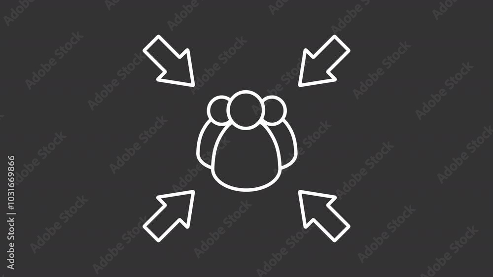 Evacuation white line animation. Assembly point animated icon. Moving arrows, shaking heads. Safety, guidance. Isolated illustration on dark background. Transition alpha video. Motion graphic Evacuation white line animation. Assembly point animated icon. Moving arrows, shaking heads. Safety, guidance. Isolated illustration on dark background. Transition alpha video. Motion graphic