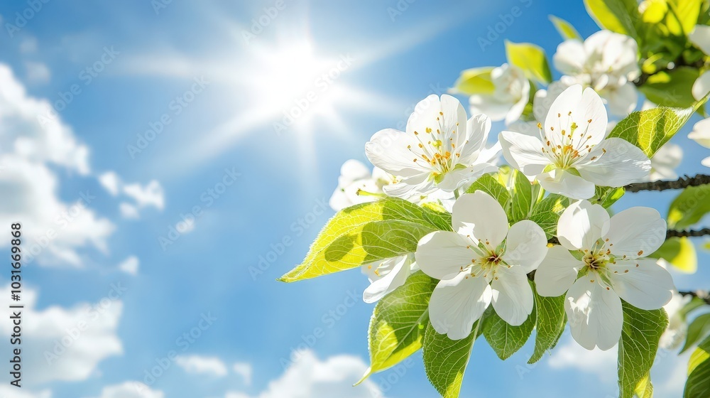 White Blossoms Blooming on a Tree Branch Against a Blue Sky with Sun White Blossoms Blooming on a Tree Branch Against a Blue Sky with Sun