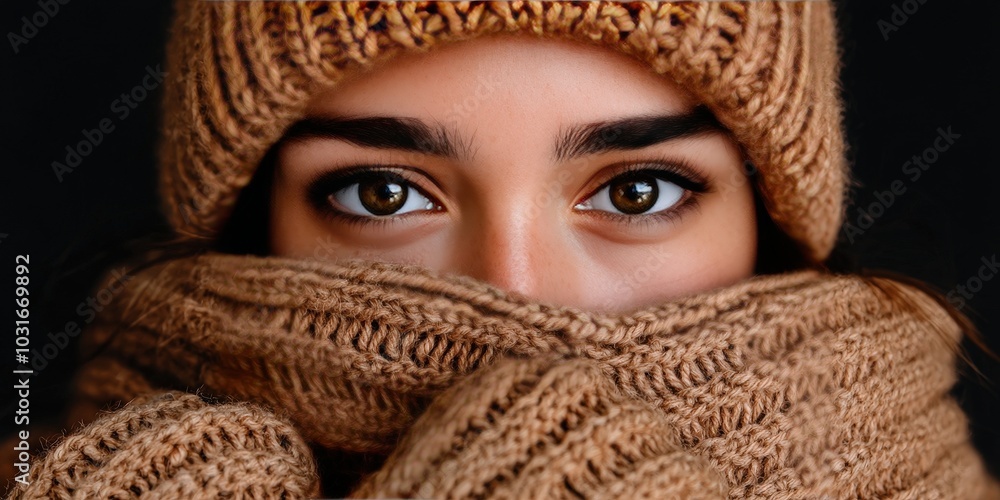 Winter Fashion Portrait Woman with Knitted Hat and Gloves Winter Fashion Portrait Woman with Knitted Hat and Gloves