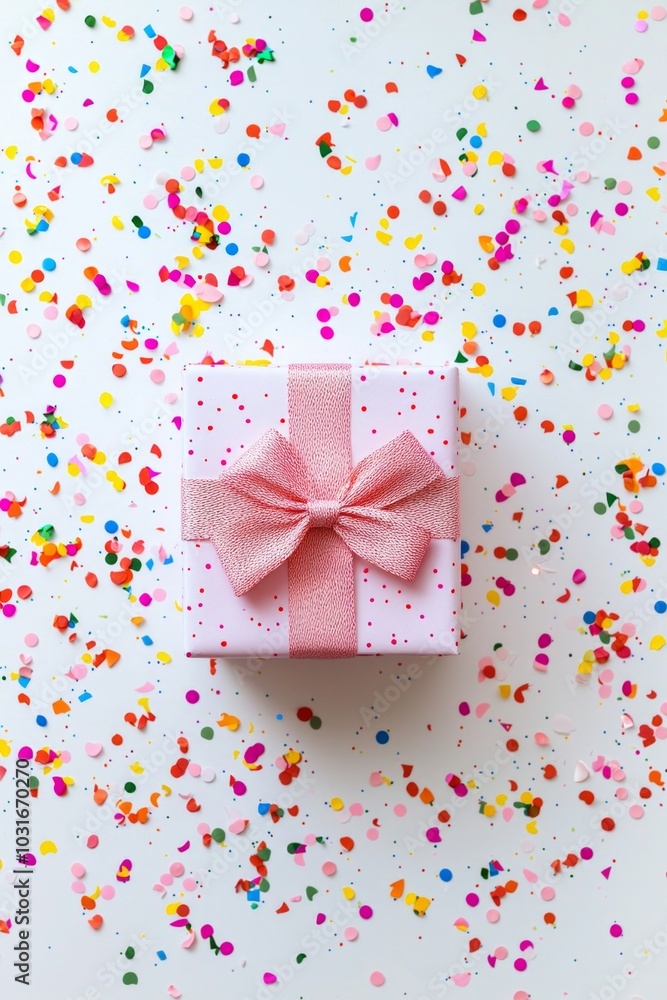 A top-down view of a neatly wrapped gift box with a bow, surrounded by colorful confetti on a white surface. A top-down view of a neatly wrapped gift box with a bow, surrounded by colorful confetti on a white surface.