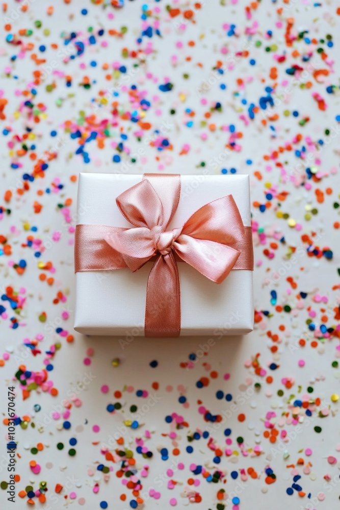 A top-down view of a neatly wrapped gift box with a bow, surrounded by colorful confetti on a white surface. A top-down view of a neatly wrapped gift box with a bow, surrounded by colorful confetti on a white surface.