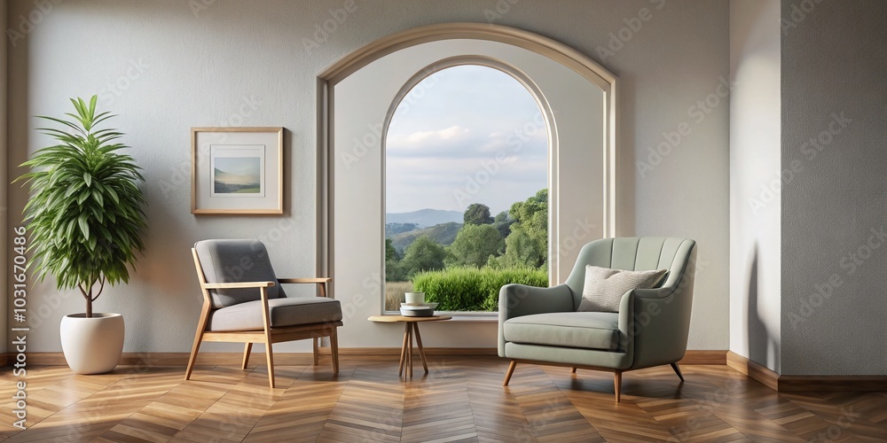Fototapeta premium Stylish 3D Render of Frame Mockup with Armchair and Arched Wall Interior Design for Modern Homes